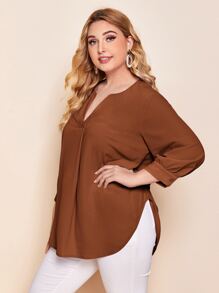 SHEIN LUNE Plus Notched Neck Curved Hem Top - Rust Brown - View 4