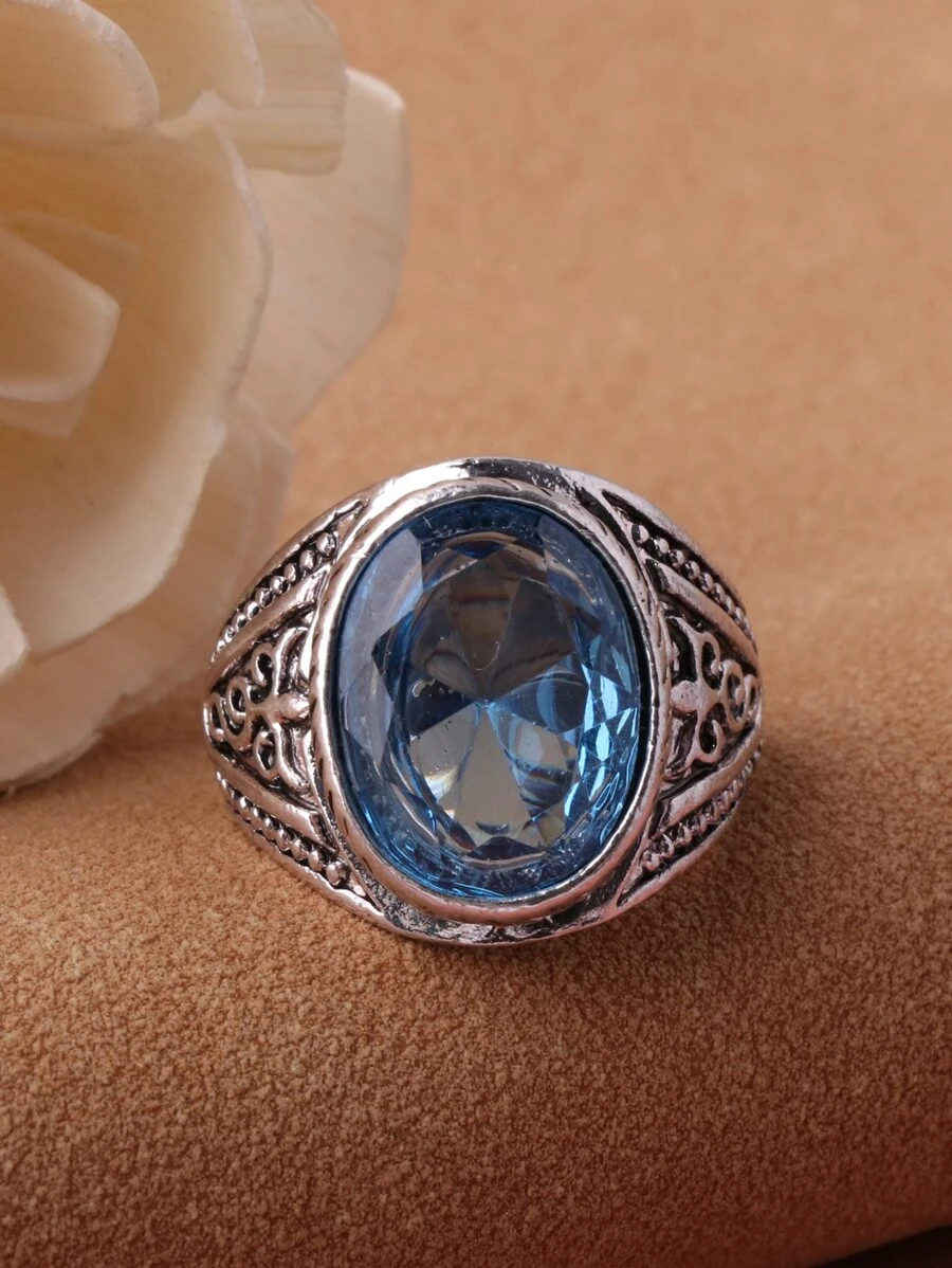 EMERY ROSE 寶石裝飾紋理質感金屬戒指 - 藍色 - 查看 1