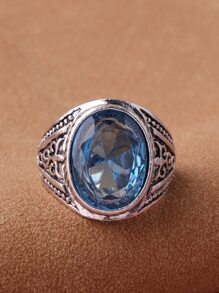 EMERY ROSE 寶石裝飾紋理質感金屬戒指 - 藍色 - 查看 3