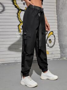 SHEIN Unity Flap Pocket Side Chain Detail Buckled Belted Cargo Trousers
