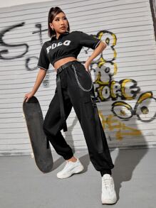 SHEIN Unity Flap Pocket Side Chain Detail Buckled Belted Cargo Trousers