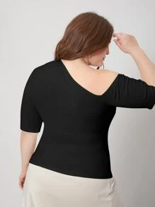 MOTF PREMIUM Áo thun Plus size Cắt ra màu trơn Thanh lịch - màu đen - Xem 2
