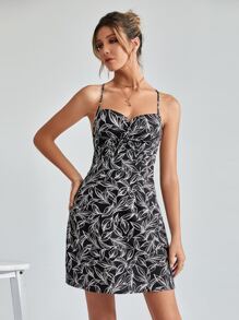 Plants Print Ruched Bust Crisscross Tie Backless Cami Dress - Black and White - View 3