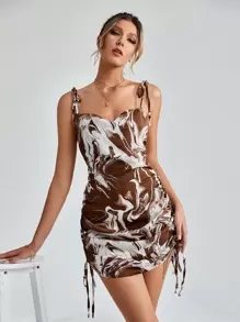 Marble Print Knot Shoulder Backless Ruched Drawstring Cami Dress - Multicolor - View 1