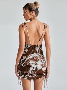 Marble Print Knot Shoulder Backless Ruched Drawstring Cami Dress - Multicolor - View 2