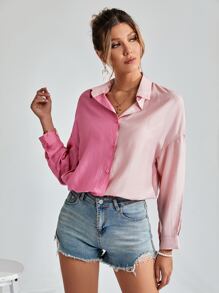 SHEIN ChicEase Drop Shoulder Two Tone Blouse - Pink - View 1
