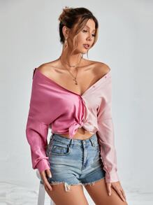 SHEIN ChicEase Drop Shoulder Two Tone Blouse - Pink - View 6