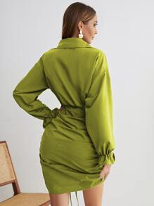Chiquease 荷葉袖前抽繩側收褶連衣裙 - 橄欖綠 - 查看 2