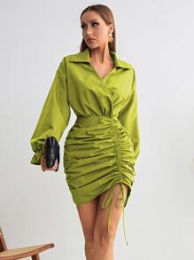 Chiquease 荷葉袖前抽繩側收褶連衣裙 - 橄欖綠 - 查看 3