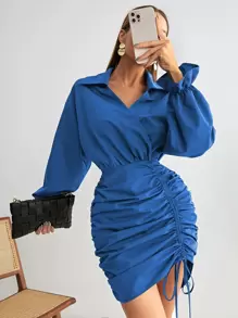 SHEIN Frenchy Flounce Sleeve Drawstring Front Ruched Side Dress Elegant Blue