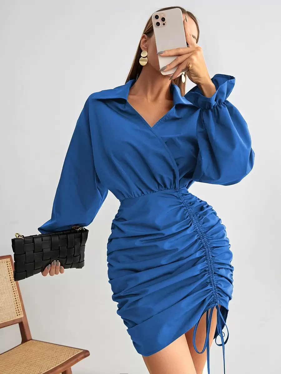 SHEIN Frenchy Flounce Sleeve Drawstring Front Ruched Side Dress Elegant Blue