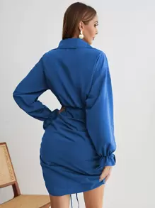 SHEIN Frenchy Flounce Sleeve Drawstring Front Ruched Side Dress Elegant Blue