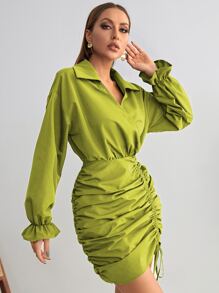 Chiquease 荷葉袖前抽繩側收褶連衣裙 - 橄欖綠 - 查看 5