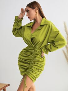 Chiquease 荷葉袖前抽繩側收褶連衣裙 - 橄欖綠 - 查看 6