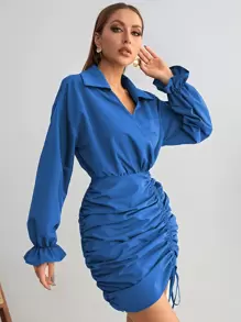 SHEIN Frenchy Flounce Sleeve Drawstring Front Ruched Side Dress Elegant Blue
