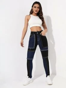 Jeans ajustados de color combinado desgarro bajo crudo