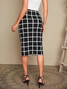 EMERY ROSE Grid Print Pencil Skirt - Black - View 2