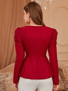 Modelyn Burgundy Red Textured Ruched Gigot Sleeve Fake Button Peplum Blouse - Burgundy - View 2