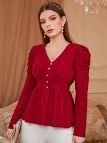 Modelyn Burgundy Red Textured Ruched Gigot Sleeve Fake Button Peplum Blouse - Burgundy - View 3