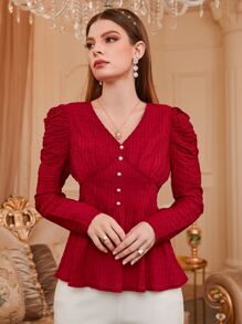 Modelyn Burgundy Red Textured Ruched Gigot Sleeve Fake Button Peplum Blouse - Burgundy - View 4