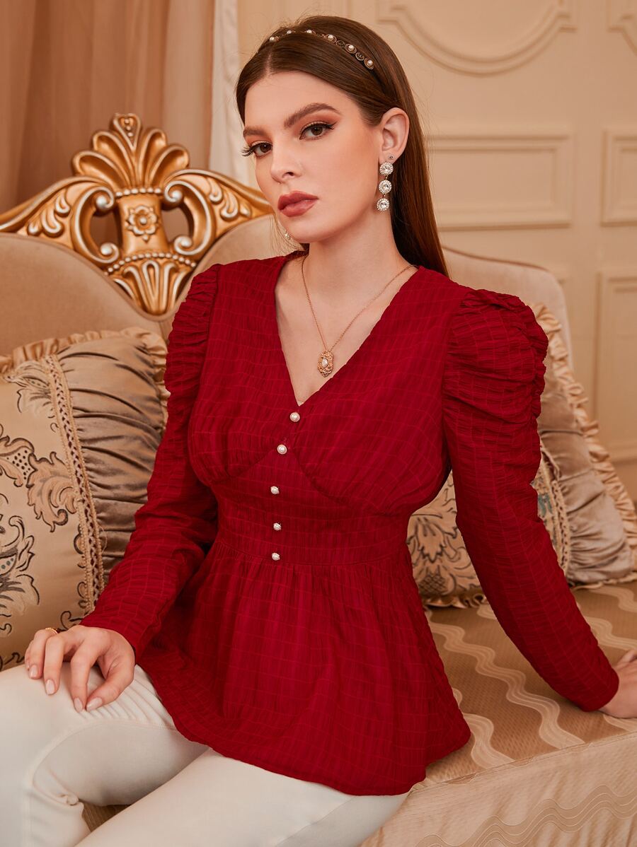 Modelyn Burgundy Red Textured Ruched Gigot Sleeve Fake Button Peplum Blouse - Burgundy - View 1