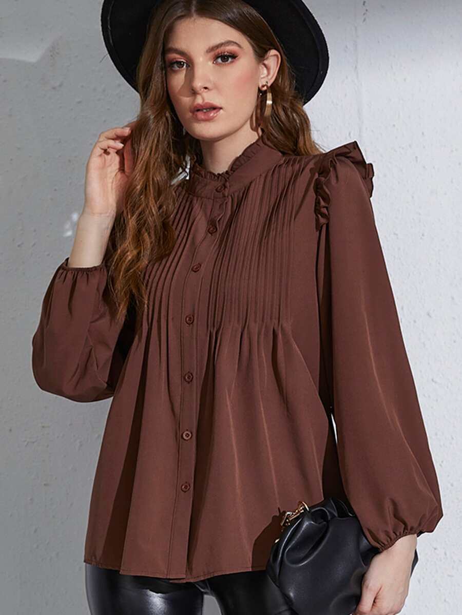 Seusyu Frill Neck Pleated Button Up Blouse Women Shirt Fall Cloth For Women