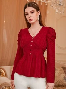 Modelyn Burgundy Red Textured Ruched Gigot Sleeve Fake Button Peplum Blouse - Burgundy - View 6