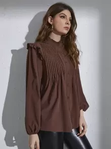 Seusyu Frill Neck Pleated Button Up Blouse Women Shirt Fall Cloth For Women