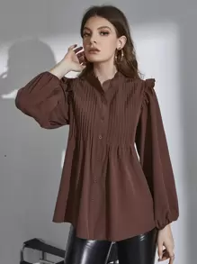 Seusyu Frill Neck Pleated Button Up Blouse Women Shirt Fall Cloth For Women
