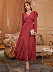 Modelyn Đầm Ngọc trai Xù màu trơn Thanh lịch - Gỗ đỏ - Xem 3