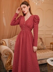 Modelyn Đầm Ngọc trai Xù màu trơn Thanh lịch - Gỗ đỏ - Xem 4