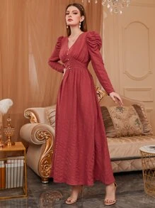 Modelyn Đầm Ngọc trai Xù màu trơn Thanh lịch - Gỗ đỏ - Xem 5