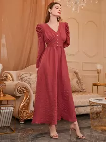 Modelyn Đầm Ngọc trai Xù màu trơn Thanh lịch - Gỗ đỏ - Xem 6