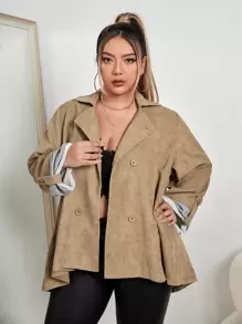 áo khoác kích thước lớn Nút đôi màu trơn Giải trí - Màu Khaki - Xem 1