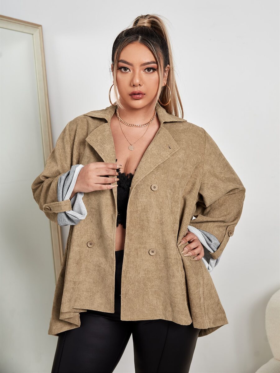 áo khoác kích thước lớn Nút đôi màu trơn Giải trí - Màu Khaki - Xem 1