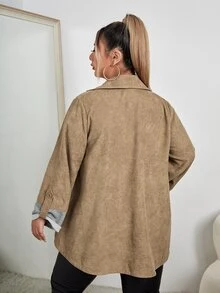 áo khoác kích thước lớn Nút đôi màu trơn Giải trí - Màu Khaki - Xem 2