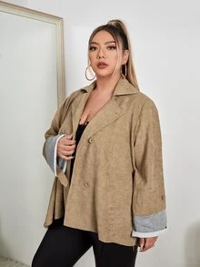 áo khoác kích thước lớn Nút đôi màu trơn Giải trí - Màu Khaki - Xem 4