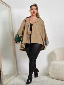 áo khoác kích thước lớn Nút đôi màu trơn Giải trí - Màu Khaki - Xem 5