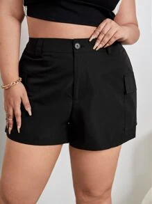 SHEIN Essnce Plus Flap Pocket Side Shorts - Black - View 1