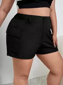 SHEIN Essnce Plus Flap Pocket Side Shorts - Black - View 4
