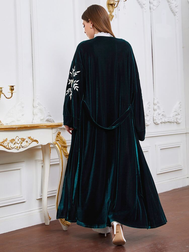 Al Najma Floral Embroidery Belted Velvet Abaya - Dark Green - View 2