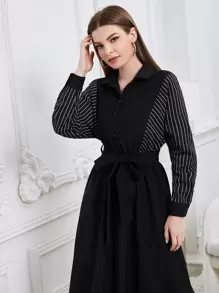 Mulvari Striped Panel Belted Shirt Dress - Black - View 3