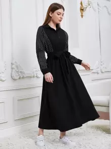 Mulvari Striped Panel Belted Shirt Dress - Black - View 5