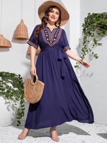 Mulvari Plus Geo Embroidery Notched Neck Belted Dress - Navy Blue - View 1