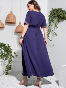 Mulvari Plus Geo Embroidery Notched Neck Belted Dress - Navy Blue - View 2