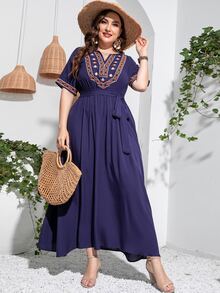 Mulvari Plus Geo Embroidery Notched Neck Belted Dress - Navy Blue - View 3