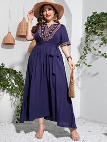 Mulvari Plus Geo Embroidery Notched Neck Belted Dress - Navy Blue - View 4