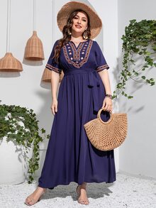 Mulvari Plus Geo Embroidery Notched Neck Belted Dress - Navy Blue - View 5