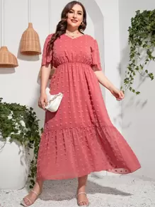 Mulvari Plus Swiss Dot Puff Sleeve Dress - Watermelon Pink - View 1