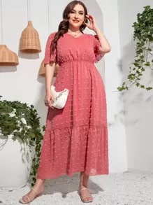 Mulvari Plus Swiss Dot Puff Sleeve Dress - Watermelon Pink - View 3